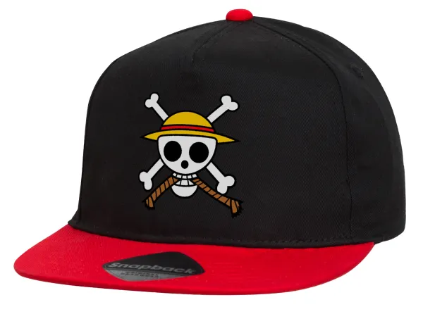 Onepiece skull — Flat Snapback Hat, Black/Red (100% COTTON, UNISEX, ONE SIZE)