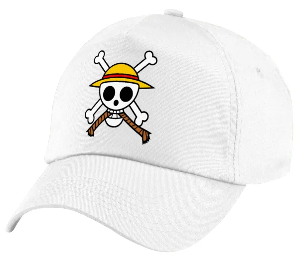 Onepiece skull — Πεντάφυλλο καπέλο Λευκό, 100% Βαμβακερό (Twill), με ρύθμιση, unisex