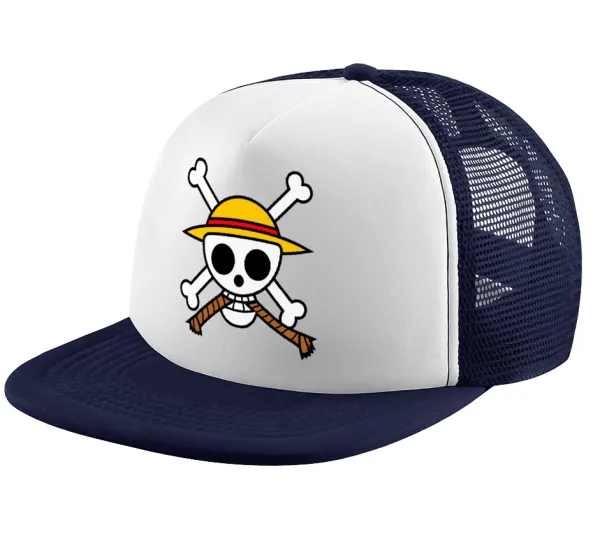 Onepiece skull — Adult Soft Trucker Hat with Dark Blue/White Mesh (POLYESTER, ADULT, UNISEX, ONE SIZE)