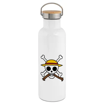 Onepiece skull, Stainless steel White with wooden lid (bamboo), double wall, 750ml