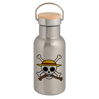 Onepiece skull, Stainless steel metallic thermos flask, silver with a bamboo lid, double-walled, 350ml.