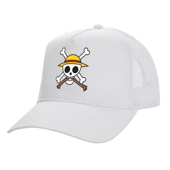Onepiece skull, Καπέλο Ενηλίκων Structured Trucker, με Δίχτυ, ΛΕΥΚΟ (100% ΒΑΜΒΑΚΕΡΟ, ΕΝΗΛΙΚΩΝ, UNISEX, ONE SIZE)