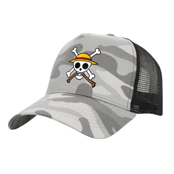 Onepiece skull, Adult Structured Trucker Hat, with Mesh, (Camouflage) Army Camo (100% COTTON, ADULT, UNISEX, ONE SIZE)