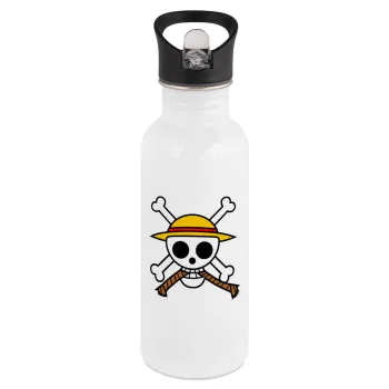 Onepiece skull, Παγούρι νερού Λευκό με καλαμάκι, ανοξείδωτο ατσάλι 600ml