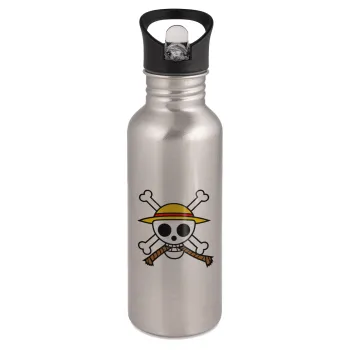 Onepiece skull, Water bottle Silver with straw, stainless steel 600ml