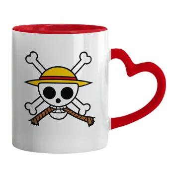 Onepiece skull, Κούπα καρδιά χερούλι κόκκινη, κεραμική, 330ml