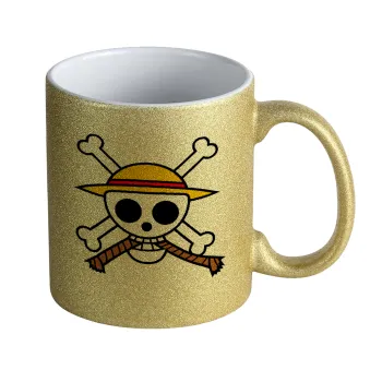 Onepiece skull, Κούπα Χρυσή Glitter που γυαλίζει, κεραμική, 330ml