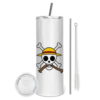 Onepiece skull, Tumbler ποτήρι θερμό από ανοξείδωτο ατσάλι 600ml, με μεταλλικό καλαμάκι & βούρτσα καθαρισμού