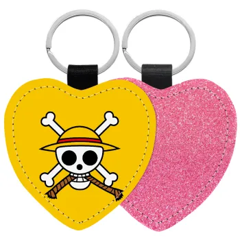 Onepiece skull, Μπρελόκ PU δερμάτινο glitter καρδιά ΡΟΖ