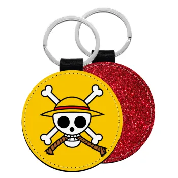 Onepiece skull, Μπρελόκ Δερματίνη, στρογγυλό ΚΟΚΚΙΝΟ (5cm)