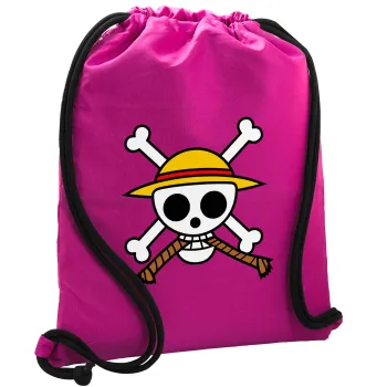 Onepiece skull, Backpack pouch GYMBAG Fuchsia, with pocket (40x48cm) & thick cords