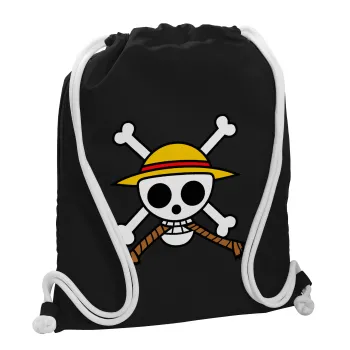 Onepiece skull, Τσάντα πλάτης πουγκί GYMBAG Μαύρη, με τσέπη (40x48cm) & χονδρά λευκά κορδόνια