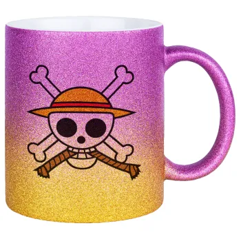 Onepiece skull, Κούπα Χρυσή/Ροζ Glitter, κεραμική, 330ml