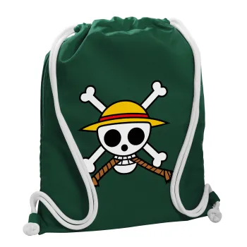 Onepiece skull, Τσάντα πλάτης πουγκί GYMBAG BOTTLE GREEN, με τσέπη (40x48cm) & χονδρά λευκά κορδόνια
