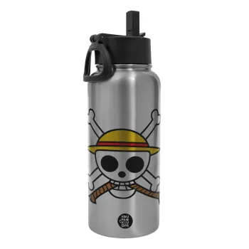 Onepiece skull, Metal mug thermo Silver with Straw and Spout Lid (Stainless steel), double wall, 950ml