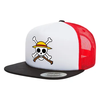 Onepiece skull, Adult Foam Flat Snapback with Mesh Black-White-Red (POLYESTER, ADULT, UNISEX, ONE SIZE)