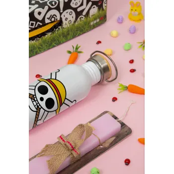 Onepiece skull, Πασχαλινή Λαμπάδα με παγούρι μεταλλικό (620ml, stainless steel) & κερί αρωματικό πλακέ (30cm) (ΡΟΖ)