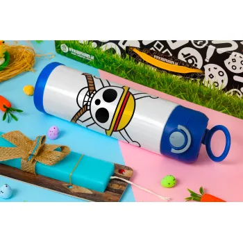 Onepiece skull, Πασχαλινή Λαμπάδα με Παιδικό παγούρι θερμό, ανοξείδωτο, με καλαμάκι ασφαλείας, ΜΠΛΕ (500ml)