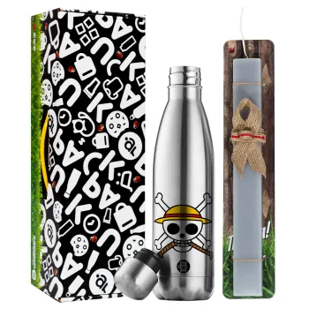 Onepiece skull, Easter Set, metallic stainless thermos flask (500ml) & scented flat Easter candle (30cm) (GRAY)