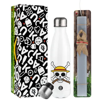 Onepiece skull, Πασχαλινή Λαμπάδα με μεταλλικό παγούρι θερμός λευκός (500ml) & λαμπάδα αρωματική πλακέ (30cm) (ΓΚΡΙ)