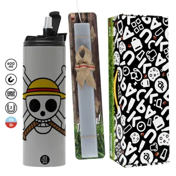 Onepiece skull, Πασχαλινή Λαμπάδα με Travel Tumbler θερμό (600ml, BPA free) & κερί αρωματικό πλακέ (30cm) (ΓΚΡΙ)