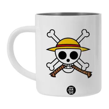 Onepiece skull, Λευκή Ανοξείδωτη Μεταλλική Κούπα 450ml - Διπλού Τοιχώματος 