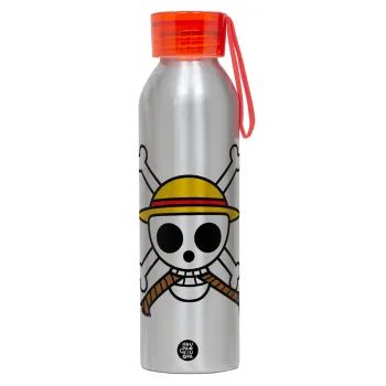 Onepiece skull, Αλουμινένιο Αθλητικό Μπουκάλι 650ml – Ασημί με Κόκκινο Καπάκι και Λουράκι Σιλικόνης