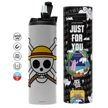 Onepiece skull, Tumbler ποτήρι θερμό ΓΚΡΙ από ανοξείδωτο ατσάλι 600ml