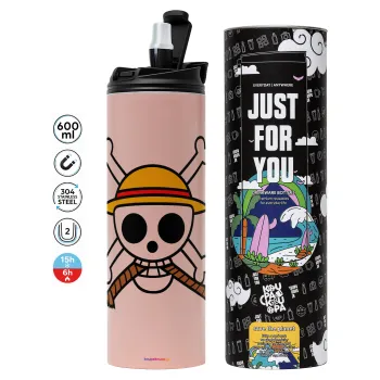 Onepiece skull, Tumbler ποτήρι θερμό ΡΟΖ από ανοξείδωτο ατσάλι 600ml