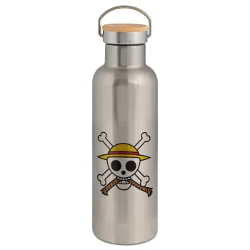 Onepiece skull, Stainless steel Silver with wooden lid (bamboo), double wall, 750ml