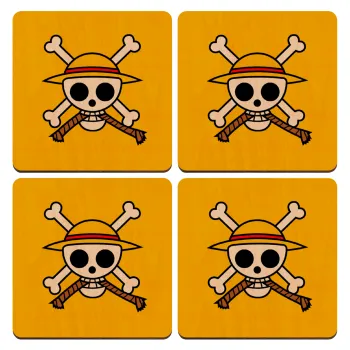 Onepiece skull, ΣΕΤ x4 Σουβέρ ξύλινα τετράγωνα plywood (9cm)