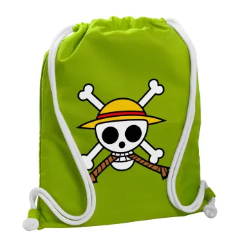 Onepiece skull, Backpack bag GYMBAG LIME GREEN, with pocket (40x48cm) & thick cords
