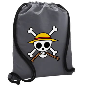 Onepiece skull, Τσάντα πλάτης πουγκί GYMBAG ΓΚΡΙ, με τσέπη (40x48cm) & χονδρά κορδόνια