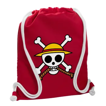 Onepiece skull, Backpack pouch GYMBAG Red, with pocket (40x48cm) & thick cords