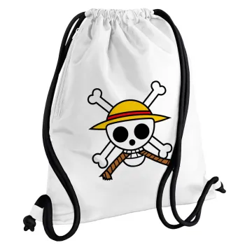 Onepiece skull, Τσάντα πλάτης πουγκί GYMBAG λευκή, με τσέπη (40x48cm) & χονδρά κορδόνια