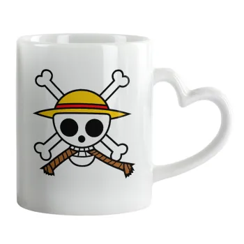 Onepiece skull, Κούπα καρδιά χερούλι λευκή, κεραμική, 330ml