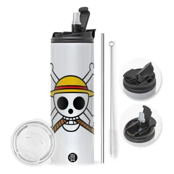 Onepiece skull, Travel Tumbler 2 Lids, with metal straw & cleaning brush (Stainless steel 304 Food grade, BPA free, 600ml)