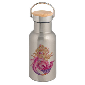 Barbie mermaid , Stainless steel metallic thermos flask, silver with a bamboo lid, double-walled, 350ml.