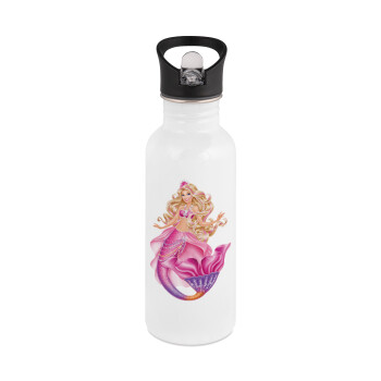 Barbie mermaid , White water bottle with straw, stainless steel 600ml