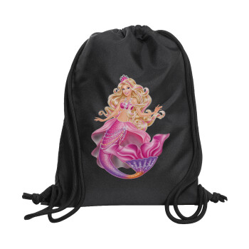 Barbie γοργόνα , Τσάντα πλάτης πουγκί GYMBAG Μαύρη, με τσέπη (40x48cm) & χονδρά κορδόνια