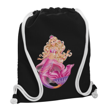 Barbie mermaid , Τσάντα πλάτης πουγκί GYMBAG Μαύρη, με τσέπη (40x48cm) & χονδρά λευκά κορδόνια