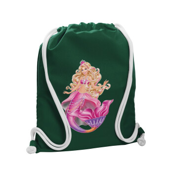 Barbie γοργόνα , Τσάντα πλάτης πουγκί GYMBAG BOTTLE GREEN, με τσέπη (40x48cm) & χονδρά λευκά κορδόνια