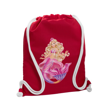 Barbie γοργόνα , Τσάντα πλάτης πουγκί GYMBAG Κόκκινη, με τσέπη (40x48cm) & χονδρά κορδόνια