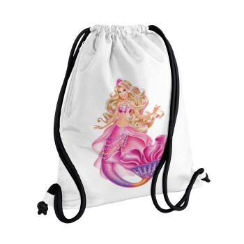 Barbie γοργόνα , Τσάντα πλάτης πουγκί GYMBAG λευκή, με τσέπη (40x48cm) & χονδρά κορδόνια