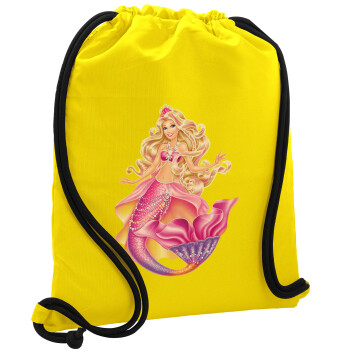 Barbie γοργόνα , Τσάντα πλάτης πουγκί GYMBAG Κίτρινη, με τσέπη (40x48cm) & χονδρά κορδόνια