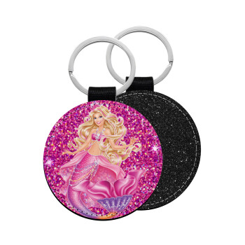 Barbie γοργόνα , Μπρελόκ Δερματίνη, στρογγυλό ΜΑΥΡΟ (5cm)