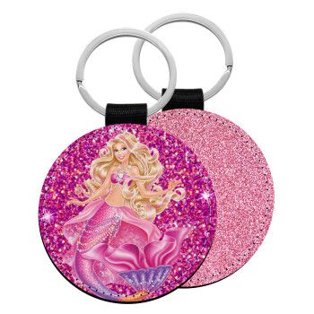 Barbie γοργόνα , Μπρελόκ Δερματίνη, στρογγυλό ΡΟΖ (5cm)