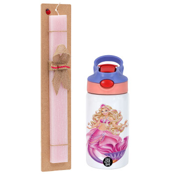 Barbie γοργόνα , Πασχαλινό Σετ, Παιδικό παγούρι θερμό, ανοξείδωτο, με καλαμάκι ασφαλείας, ροζ/μωβ (350ml) & πασχαλινή λαμπάδα αρωματική πλακέ (30cm) (ΡΟΖ)