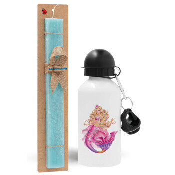 Barbie γοργόνα , Πασχαλινή Λαμπάδα με παγούρι μεταλλικό αλουμινίου (500ml) & λαμπάδα αρωματική πλακέ (30cm) (ΤΙΡΚΟΥΑΖ)