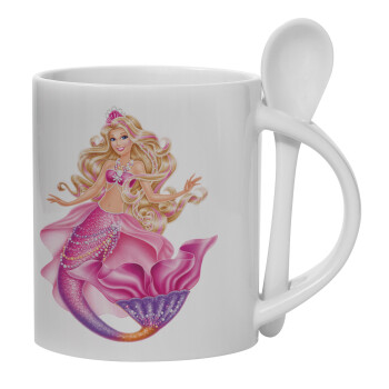 Barbie mermaid , Ceramic coffee mug with Spoon, 330ml (1pcs)